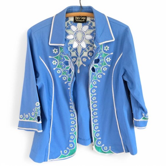 Bob Mackie Wearable Art Blue Medium Embroidered Jacket 3/4 Sleeve Floral - Picture 2 of 11